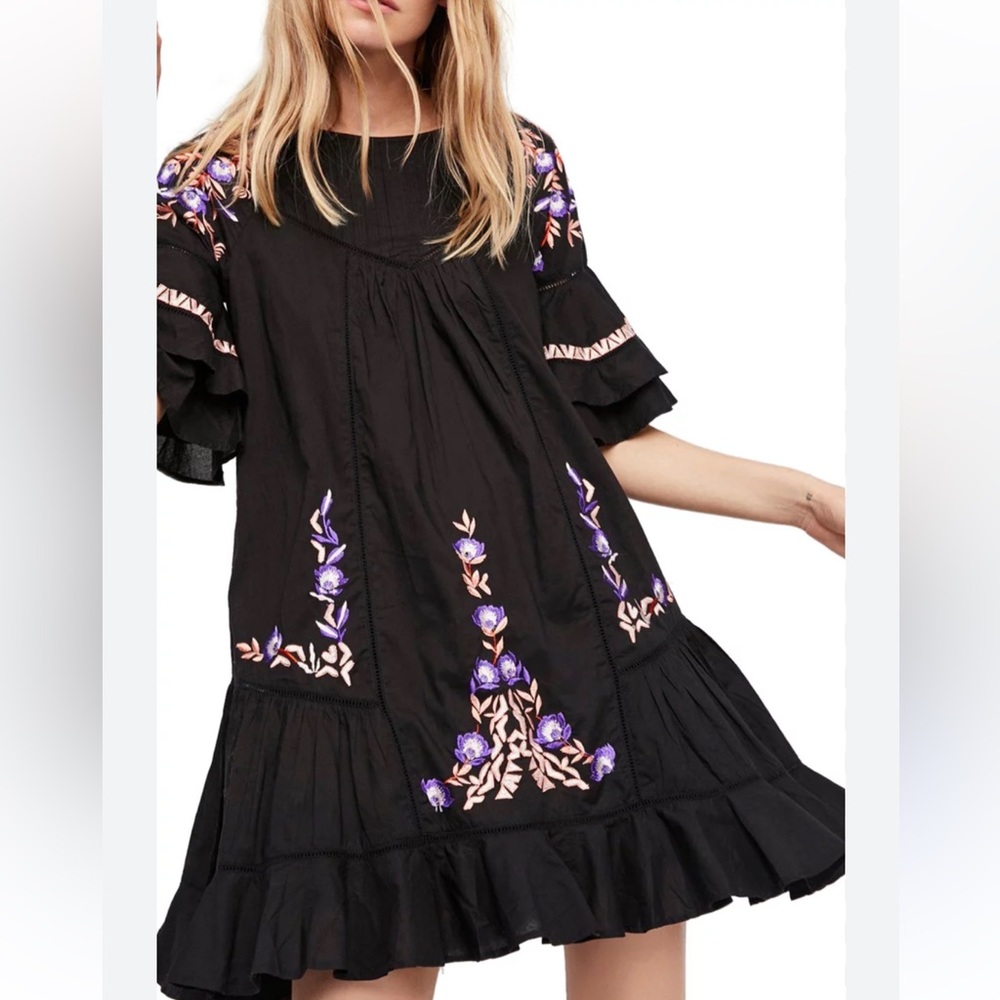 Free People Black Mini Dress with Purple Floral Embroidery
